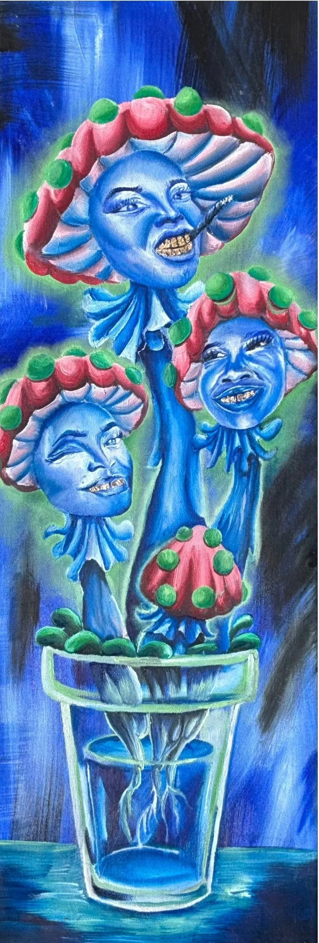 A surreal painting of a plant with human faces, blue skin, piercings, and lipstick, with mushroom caps as flowers and roots in a glass of water.