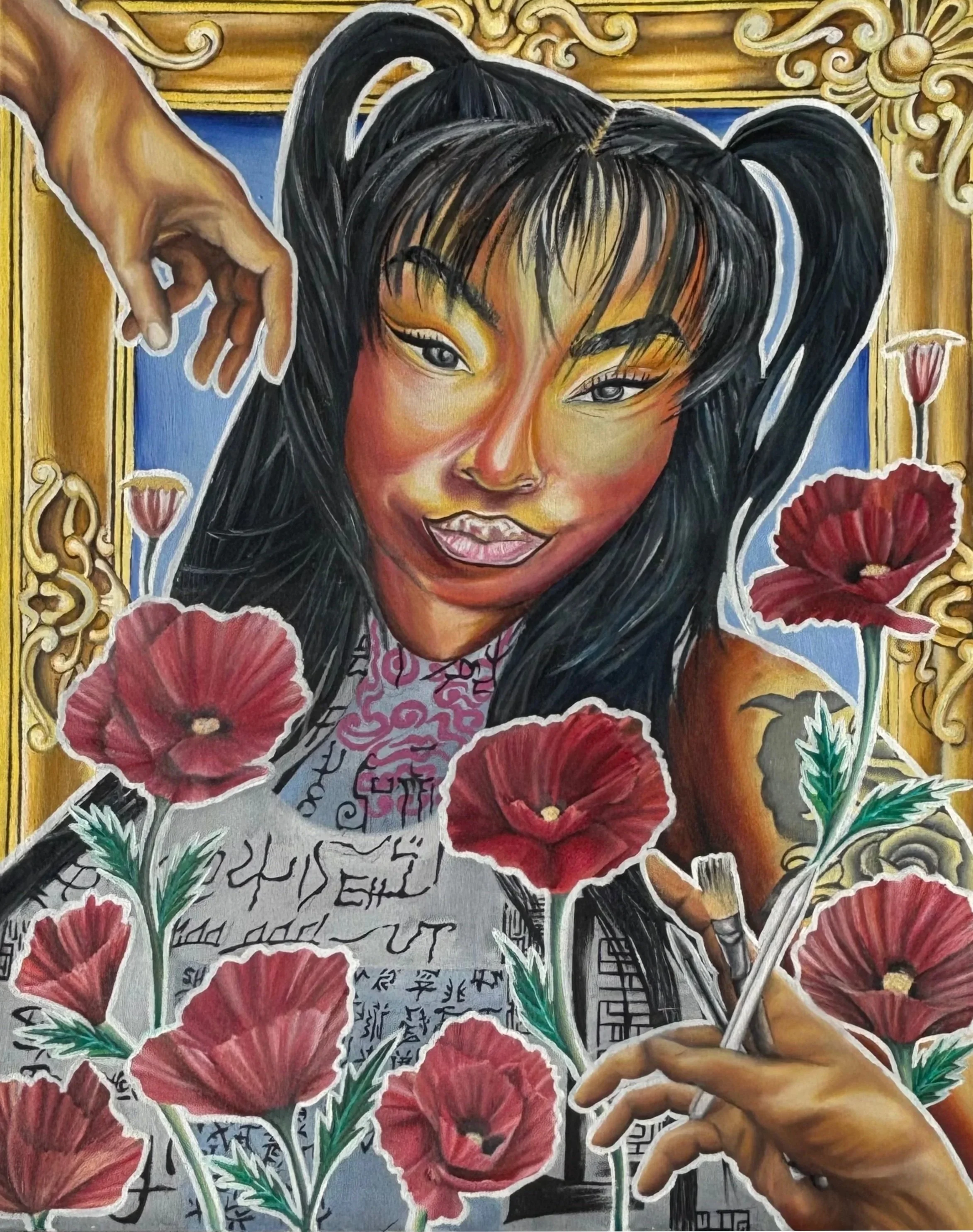 A vibrant, colorful painting of a woman with long black hair styled in pigtails, making a playful expression. She is surrounded by framed art, red poppy flowers, and appears to be holding a paintbrush. The background includes a golden decorative bord