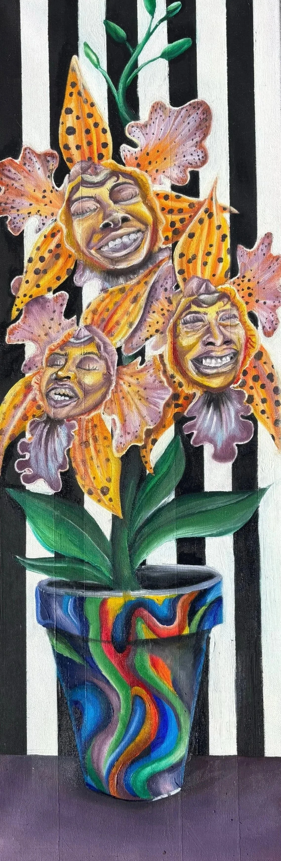 A colorful painting of a potted plant with flowers that have human faces, set against a striped black and white background.