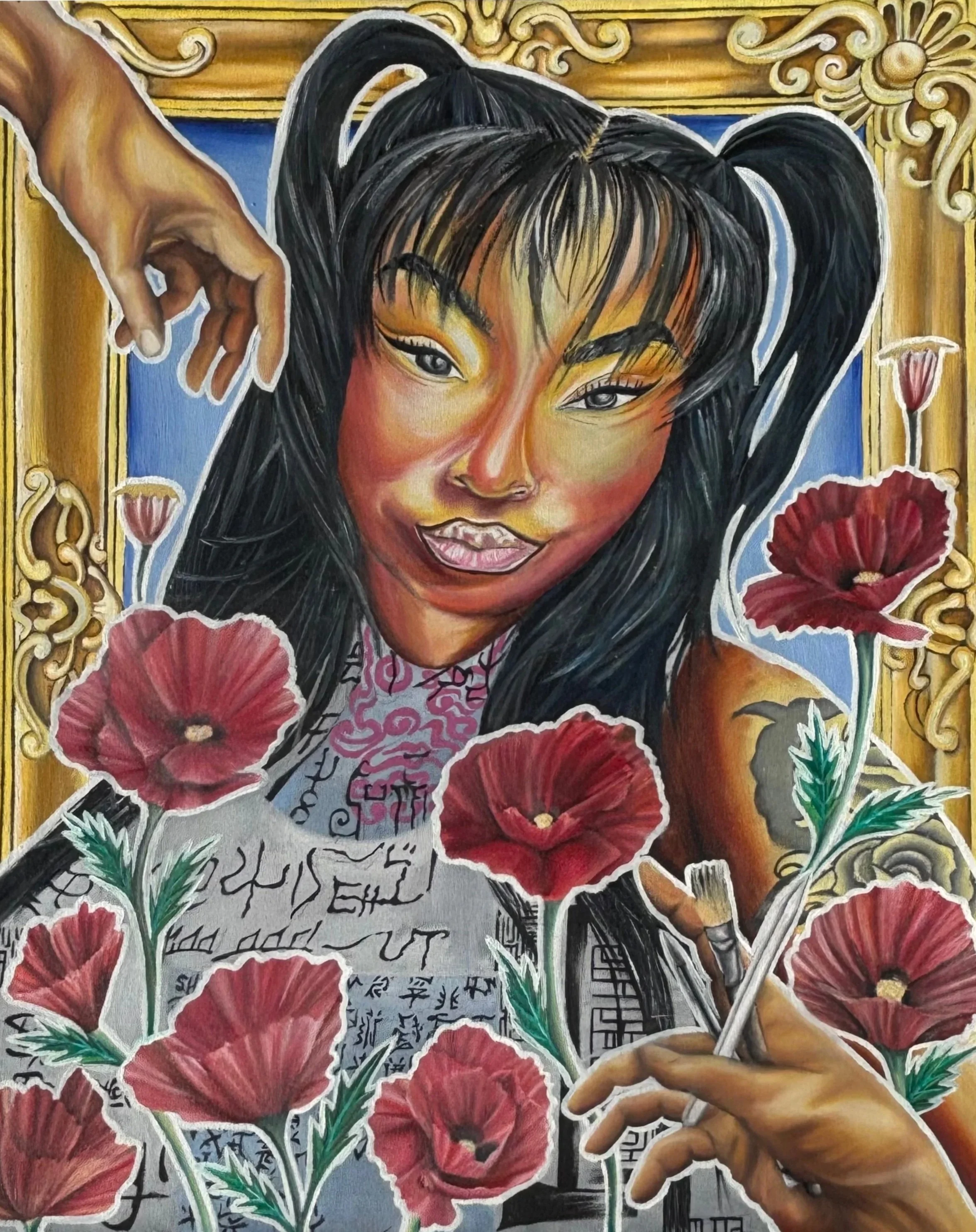 A colorful painting of a woman with black hair styled in pigtails, surrounded by red flowers, with a decorative gold frame in the background.