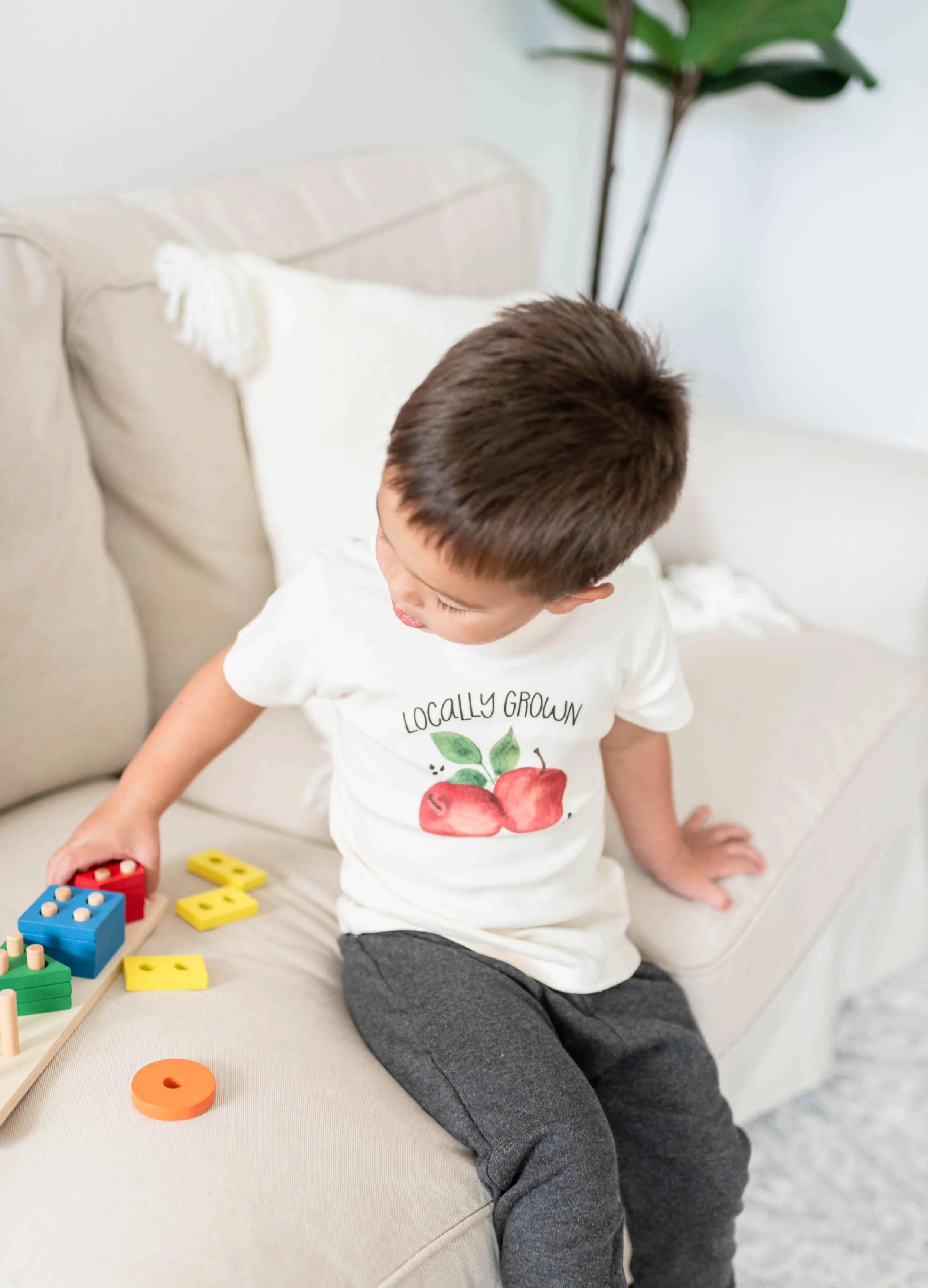 A young boy with brown hair wearing a white T-shirt that says 'Locally Grown' with a drawing of apples, sitting on a beige couch playing with colorful wooden toy blocks.