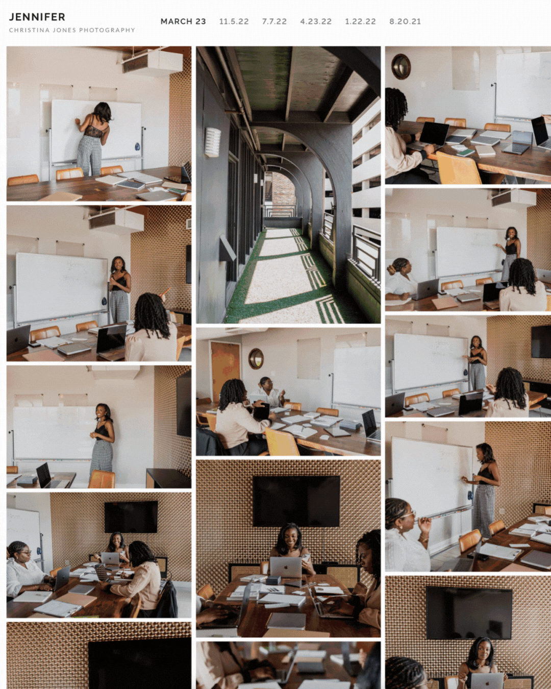 A collage of images from a meeting or workshop in a modern conference room with women presenters and participants, a whiteboard, documents, laptops, and a large TV screen.