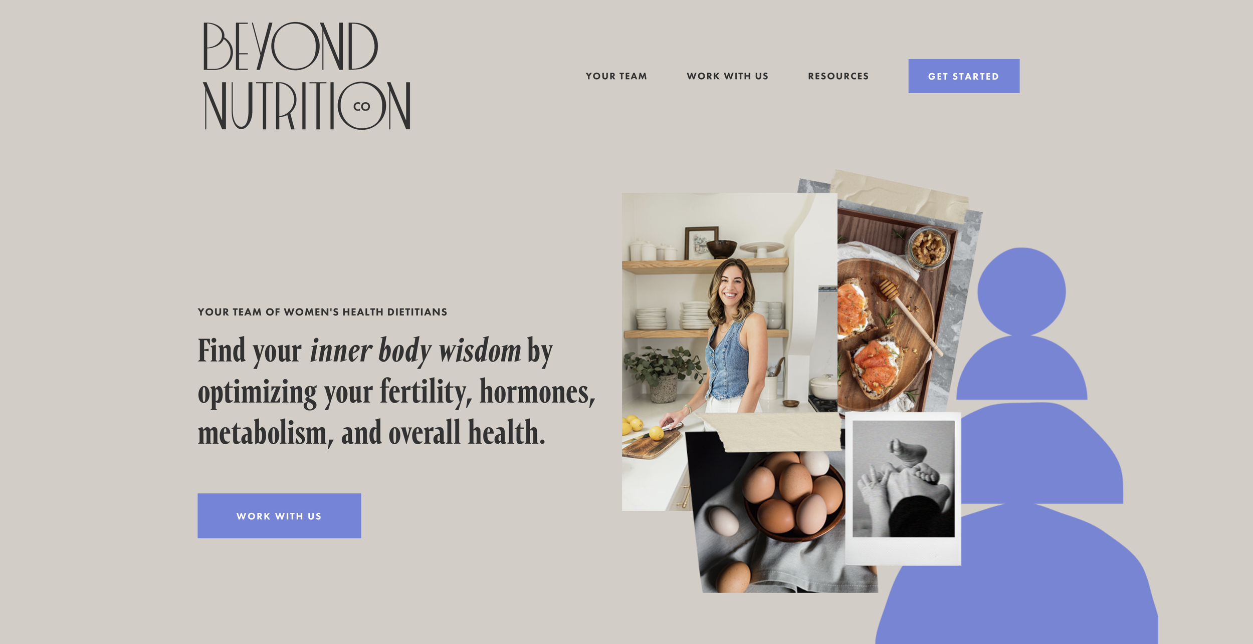 Webpage for Beyond Nutrition with a woman in a kitchen, eggs, a bowl of eggs, and food photos, featuring navigation options and a 'Get Started' button.