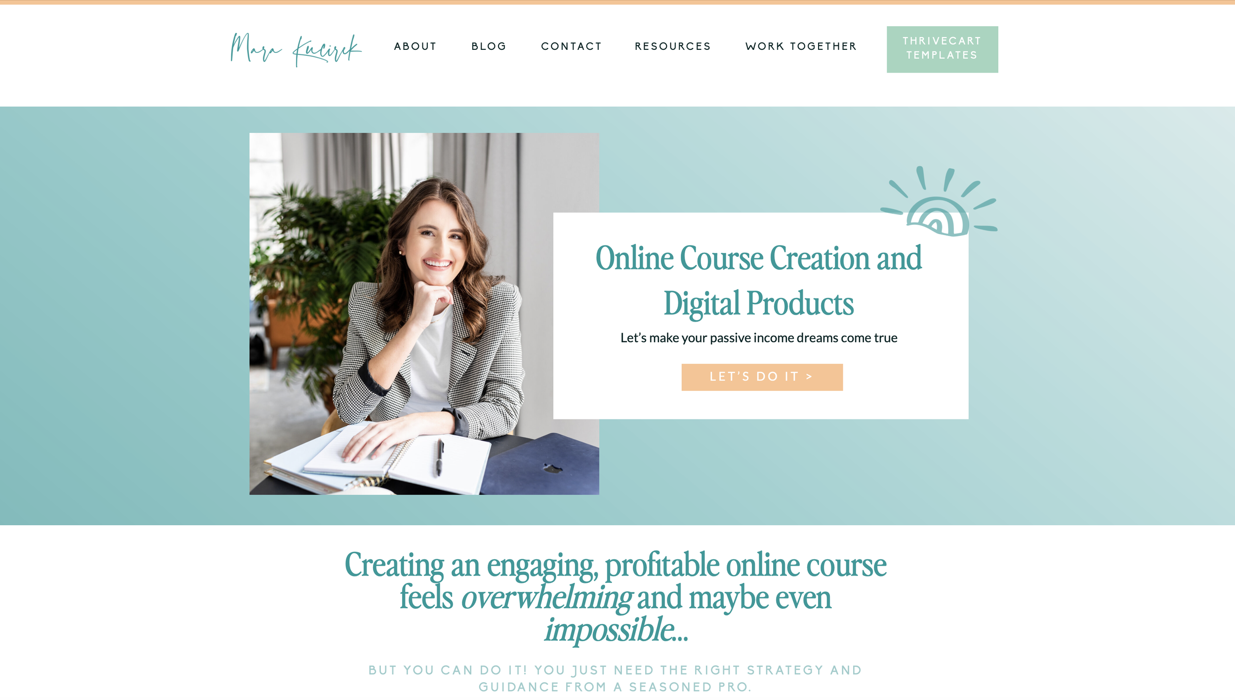 Screenshot of a website home page for Maria Kucirk, offering online course creation and digital products. The page features a smiling woman with long brown hair, sitting at a desk with notebooks, in a bright, modern office with plants and natural light. The site has navigation links at the top and a section promoting passive income creation with vibrant colors and playful design elements.