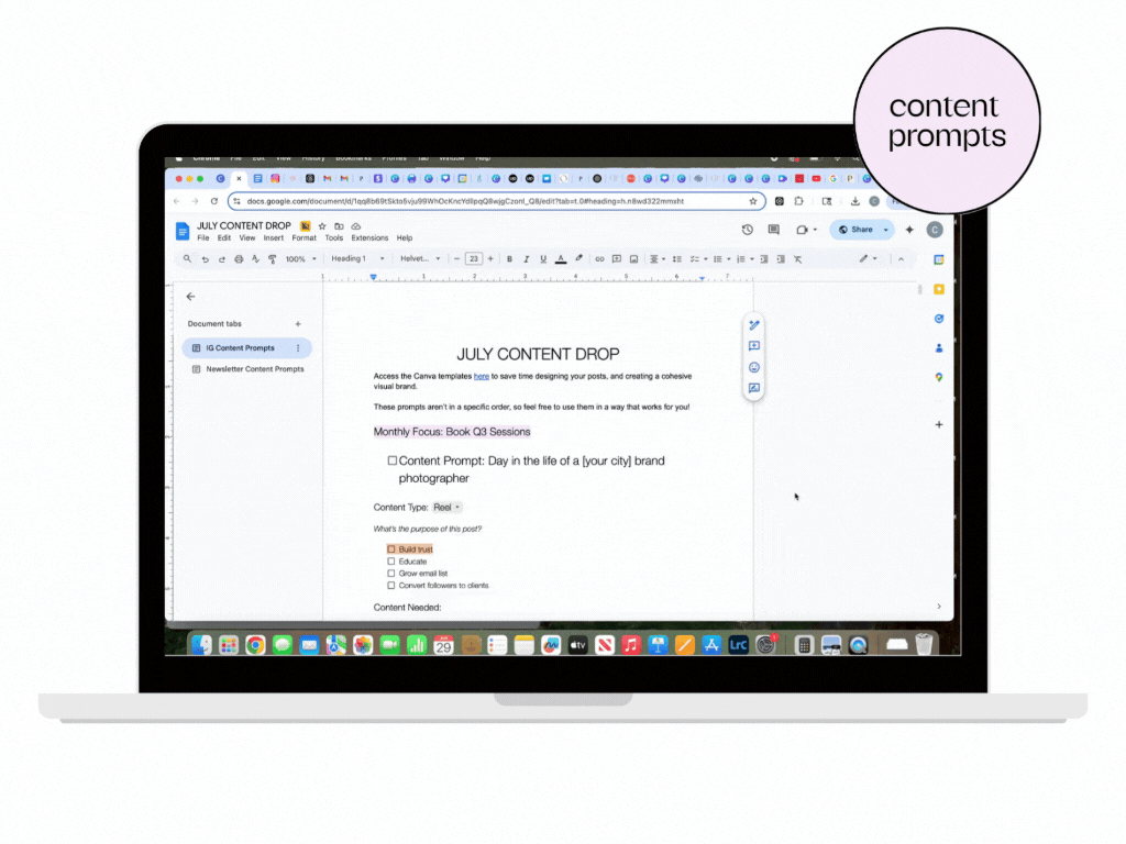Laptop screen displaying a Google Docs document titled "July Content Drop" with content prompts and questions about social media posts, and a label indicating "content prompts".