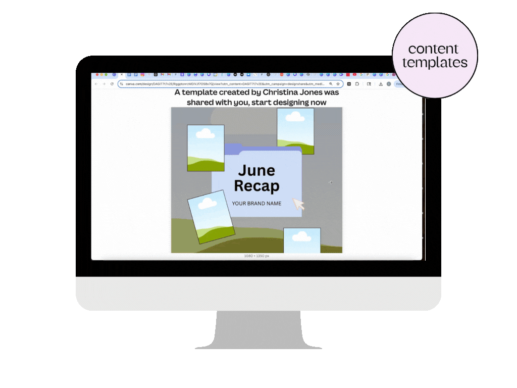 Computer screen displaying a presentation titled "June Recap" with placeholder images of clouds and grass, and a label "content templates" in a circle.