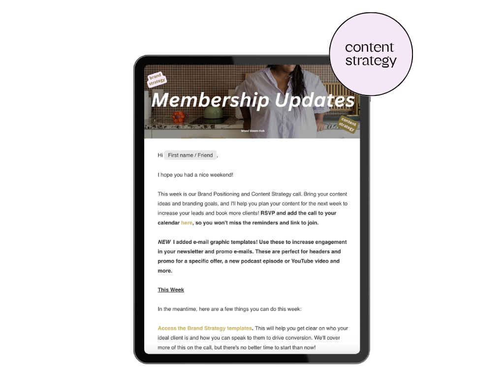 A digital newsletter on a tablet screen with a header titled "Membership Updates" and an article about brand positioning and content strategy, with a green background on the right and a purple speech bubble labeled "content strategy".