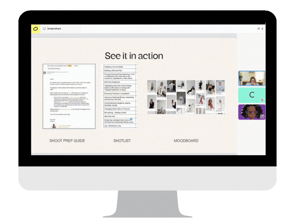 Computer screen displaying a digital presentation titled 'See it in action' with sections labeled 'Shoot Prep Guide,' 'Shotlist,' and 'Moodboard,' and three individuals in video call thumbnails on the right side.