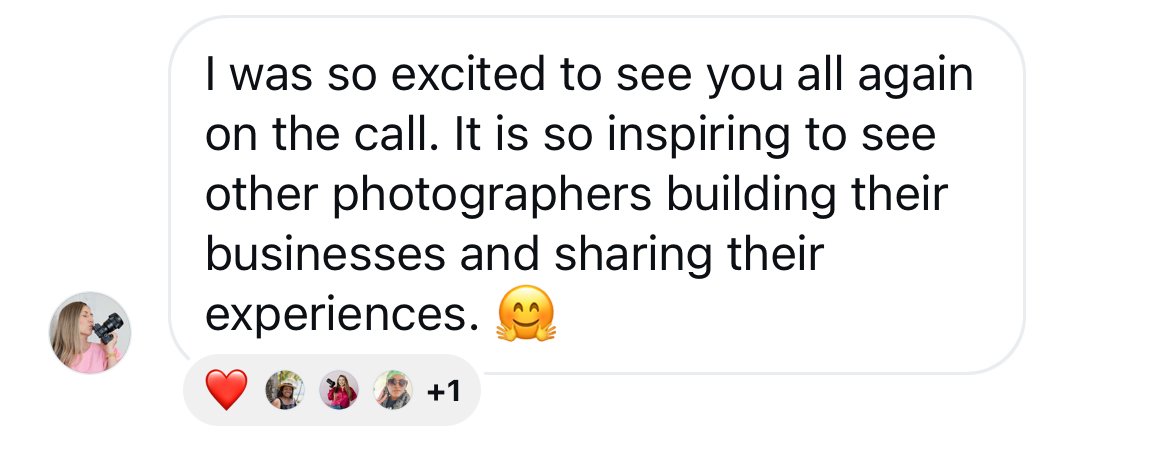 Screenshot of a text message expressing excitement about seeing photographers building their businesses and sharing experiences, with a profile picture of a woman holding a camera.