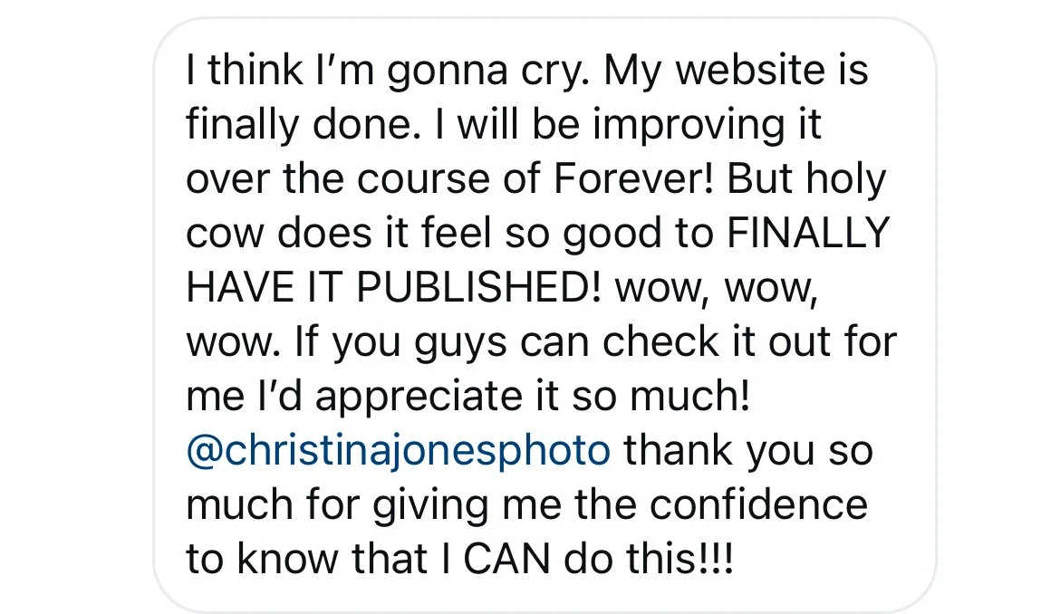 A screenshot of a social media post expressing excitement about publishing a website, thanking a photographer, and asking followers to check out the site.