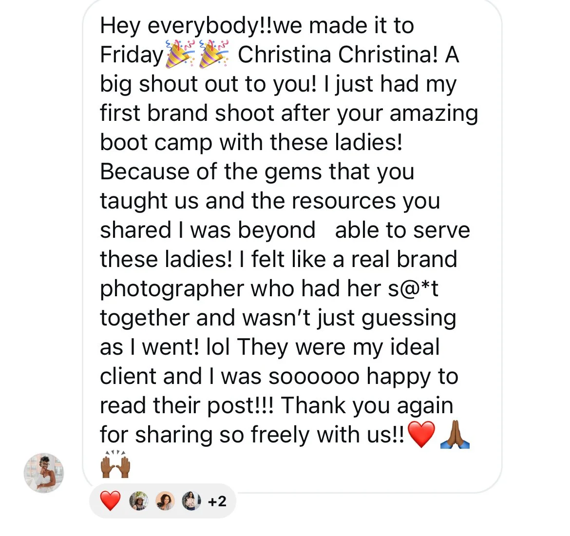 Screenshot of a message celebrating a successful photo shoot, expressing gratitude and sharing excitement, with emojis and profile picture.