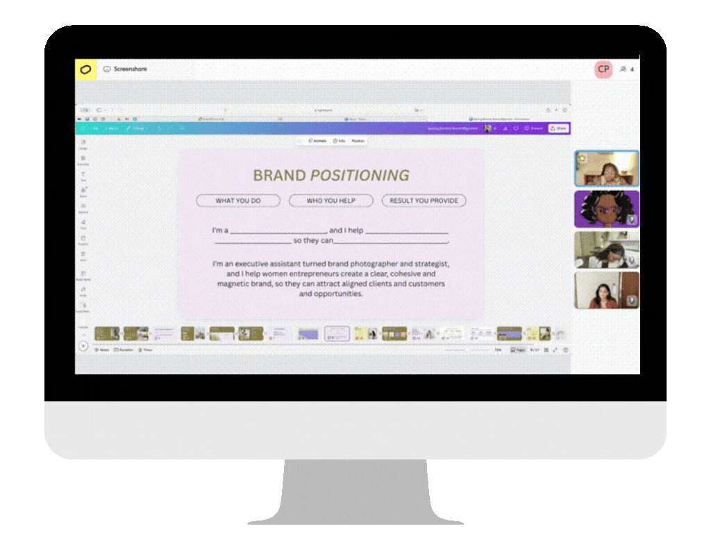 A computer screen displaying a presentation slide titled "Brand Positioning" with a pink background, text boxes for input, and four video call participants on the right side, against a bright green background.