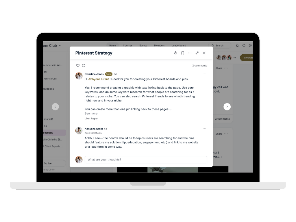 A laptop screen displaying a Pinterest strategy discussion with comments from Christina Jones and Abhyona Grant about creating Pinterest boards and pins, linking keywords, and targeting topics that users search for.