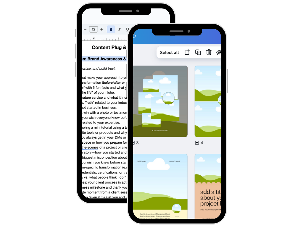 Two smartphones displaying graphic design tools and social media content templates with landscape and sky imagery.
