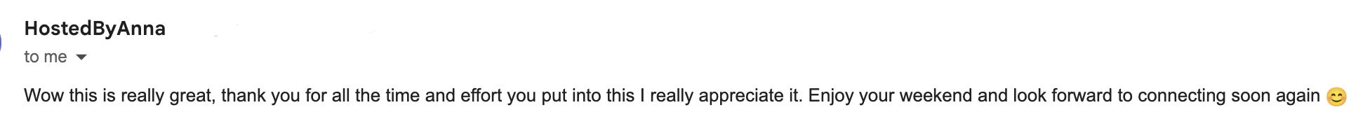 Screenshot of an email message with a positive message expressing appreciation and encouraging the recipient to enjoy their weekend.