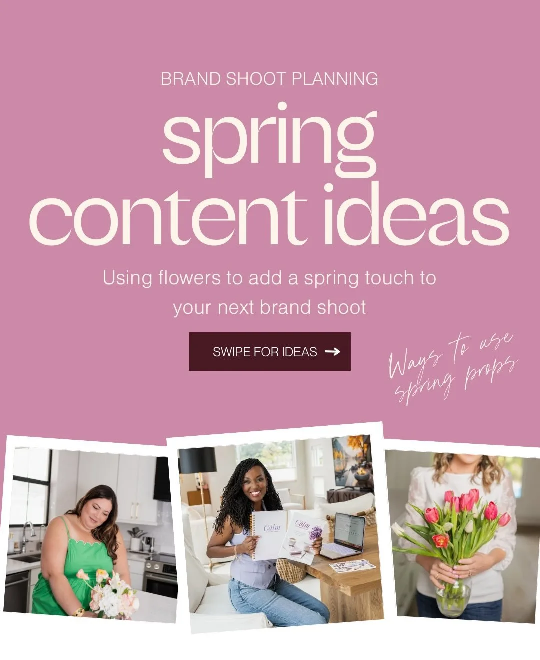 Florals for spring? Groundbreaking!

Using flowers as a prop or doing a shoot in a garden can seem cliche, but it does bring freshness to your seasonal brand visuals.

Get creative with the type of flowers you get or how you use them in your photos a