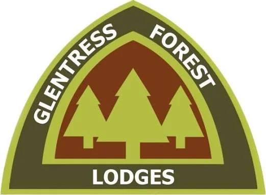A logo with a green and brown color scheme. The text reads 'Glentress Forest Lodges' with tree graphics in the center.
