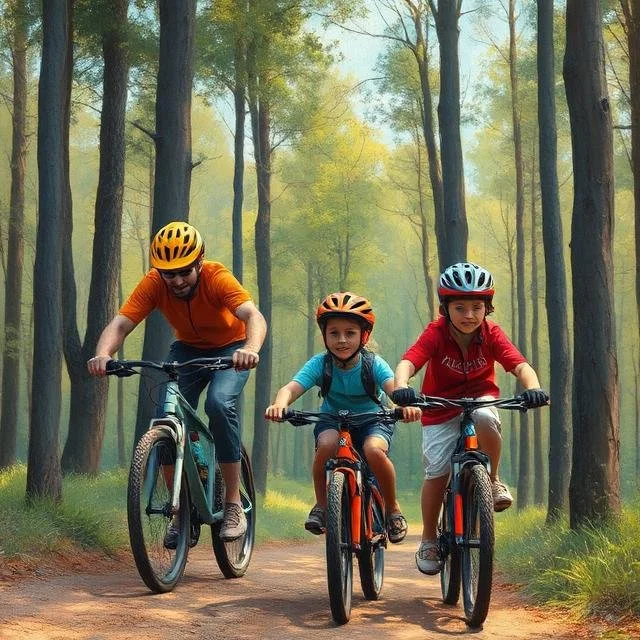 Three children riding bikes on a forest trail, all wearing helmets.