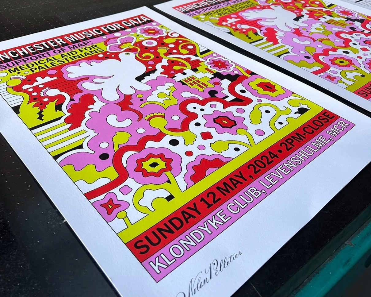 Event poster with colorful abstract design, white dove, and details about Manchester Music for Gaza, a music event support for Gaza on Sunday, May 12, 2024, at Klondyke Club, Levenshulme, Manchester.
