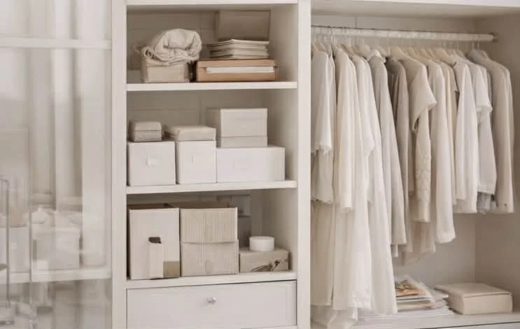 Open closet with white clothing hanging on the right and storage shelves with boxes and folded items on the left.
