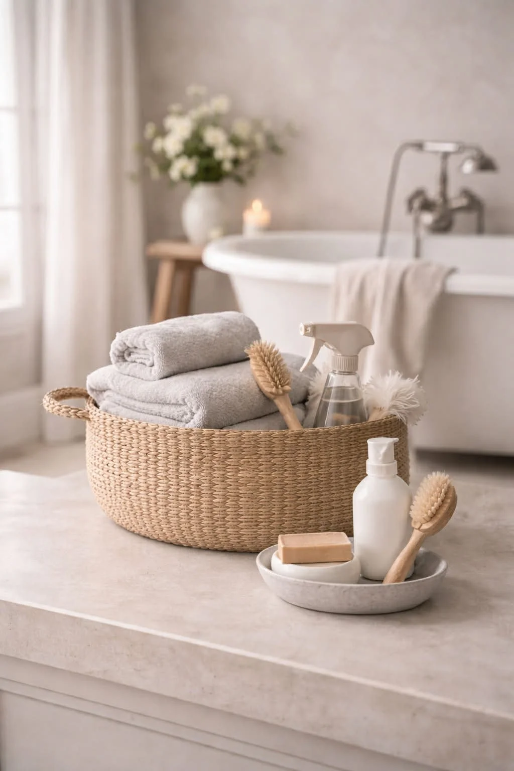 Housekeeper preparing a bedroom in a private London home during a regular cleaning visit.