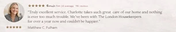 Customer review with five stars, praising Charlotte for excellent service from The London Housekeepers.