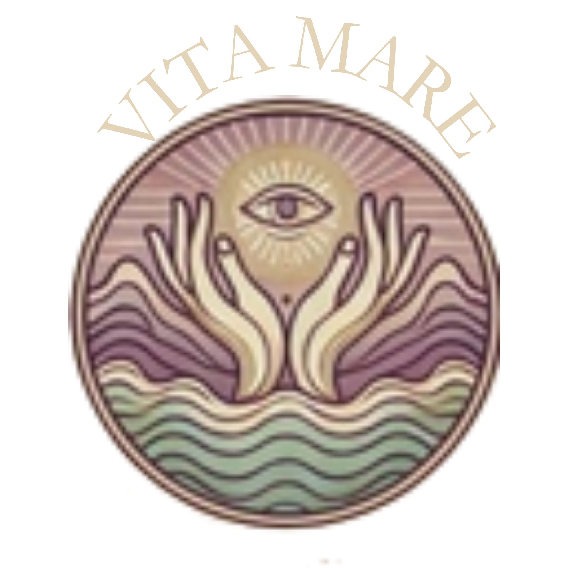 Vitamare 13 logo – ocean waves at the bottom, with hands emerging to hand an eye.