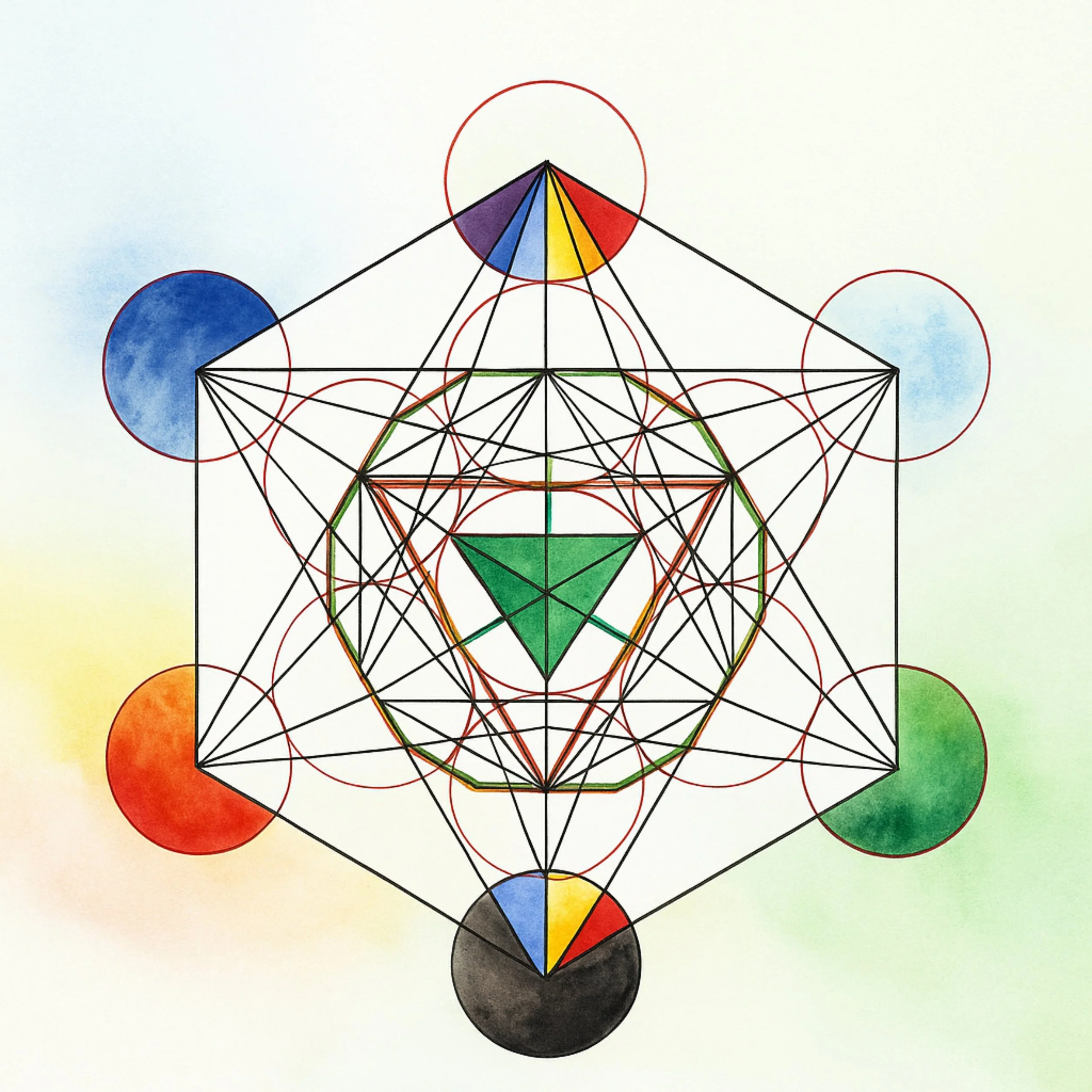 Geometriskt motiv med färgade cirklar, trianglar och linjer i ett symmetriskt mönster.