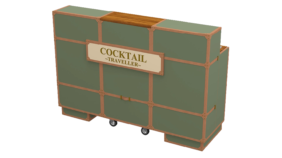 A vintage-style retro bar cart on wheels with a sign that reads 'Cocktail Traveller' in a wooden frame, featuring green panels and wooden accents.