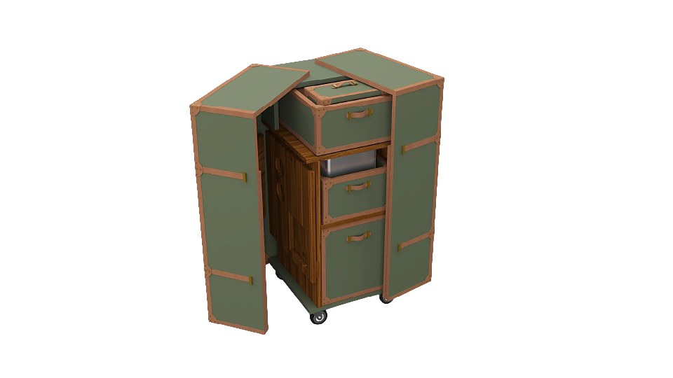 A mobile storage cabinet with a foldable green exterior, wooden panels, multiple drawers, and wheels.