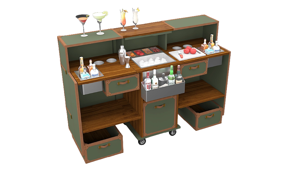 A wooden bar cart with shelves, drawers, and a drawer on wheels. It holds bottles of liquor, ice, fresh fruit, and various cocktails and beverages.
