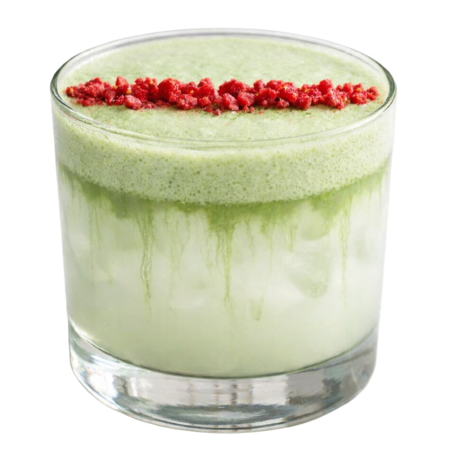 A glass of green layered dessert topped with red crumbles.