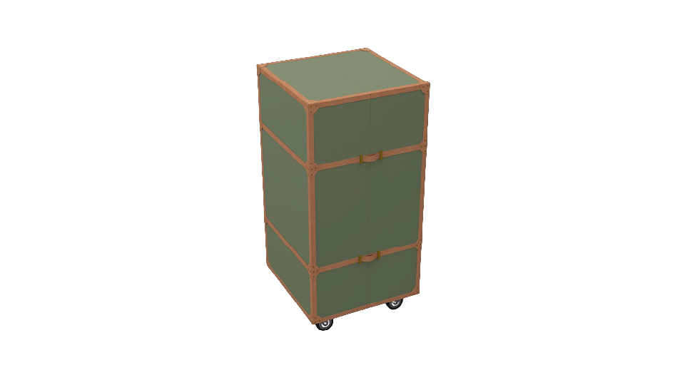 A green packing crate with wooden frame on wheels, partially pushed against a brown wall.