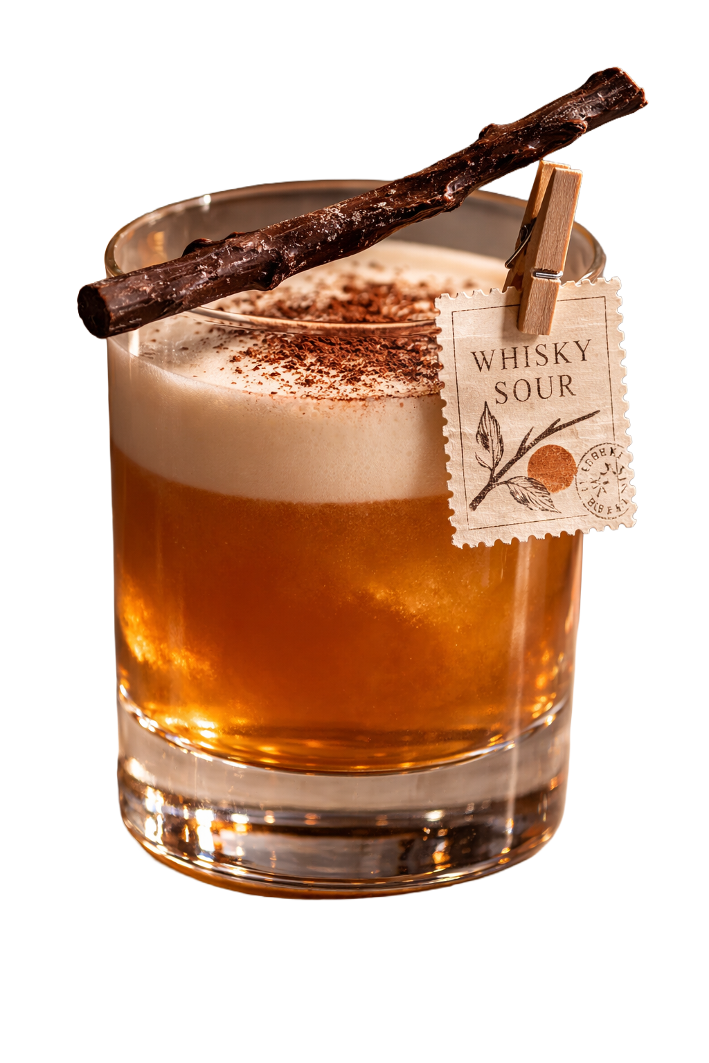 A glass of whisky sour cocktail garnished with a cinnamon stick and a small clothespin holding a tag that reads 'Whisky Sour' with a decorative design.