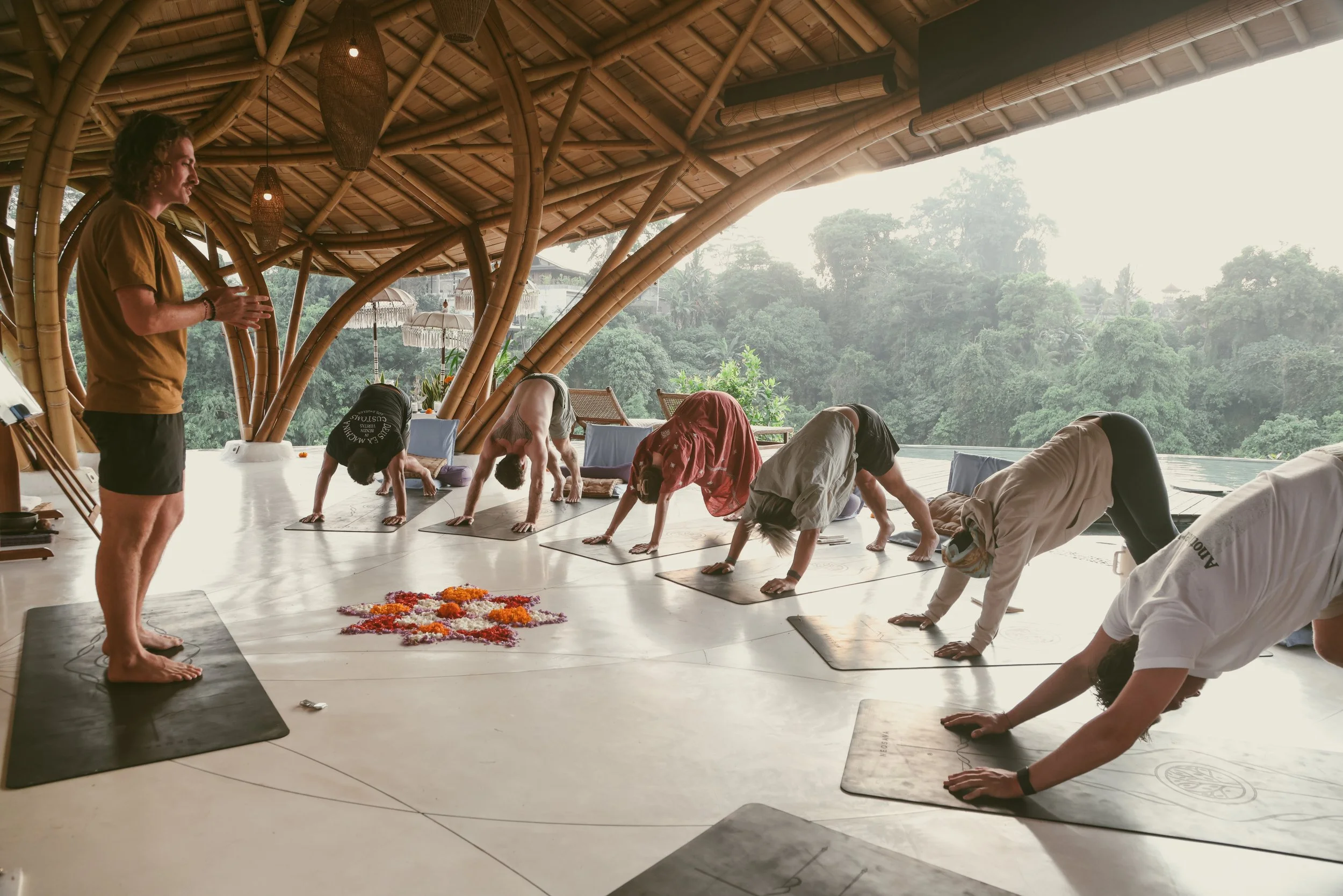 People practicing yoga in a serene, open-air bamboo-roofed space with large windows overlooking lush greenery.