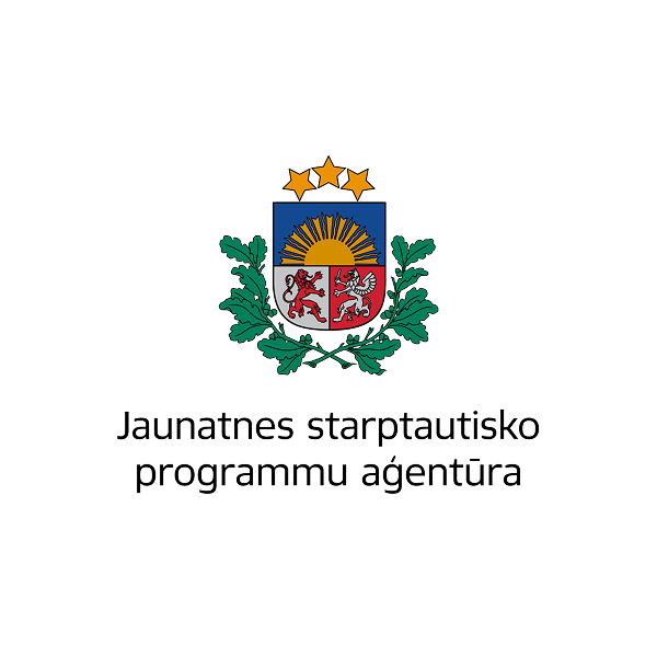 Emblem with three gold stars above a shield featuring a sunrise, a red background with two lions and other symbols, flanked by green oak branches. Below the emblem, the text reads "Jaunates starptautisko programmu aģentūra."
