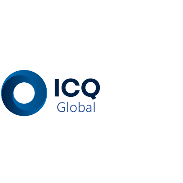 Logo for ICQ Global featuring a blue ring and black and blue text.