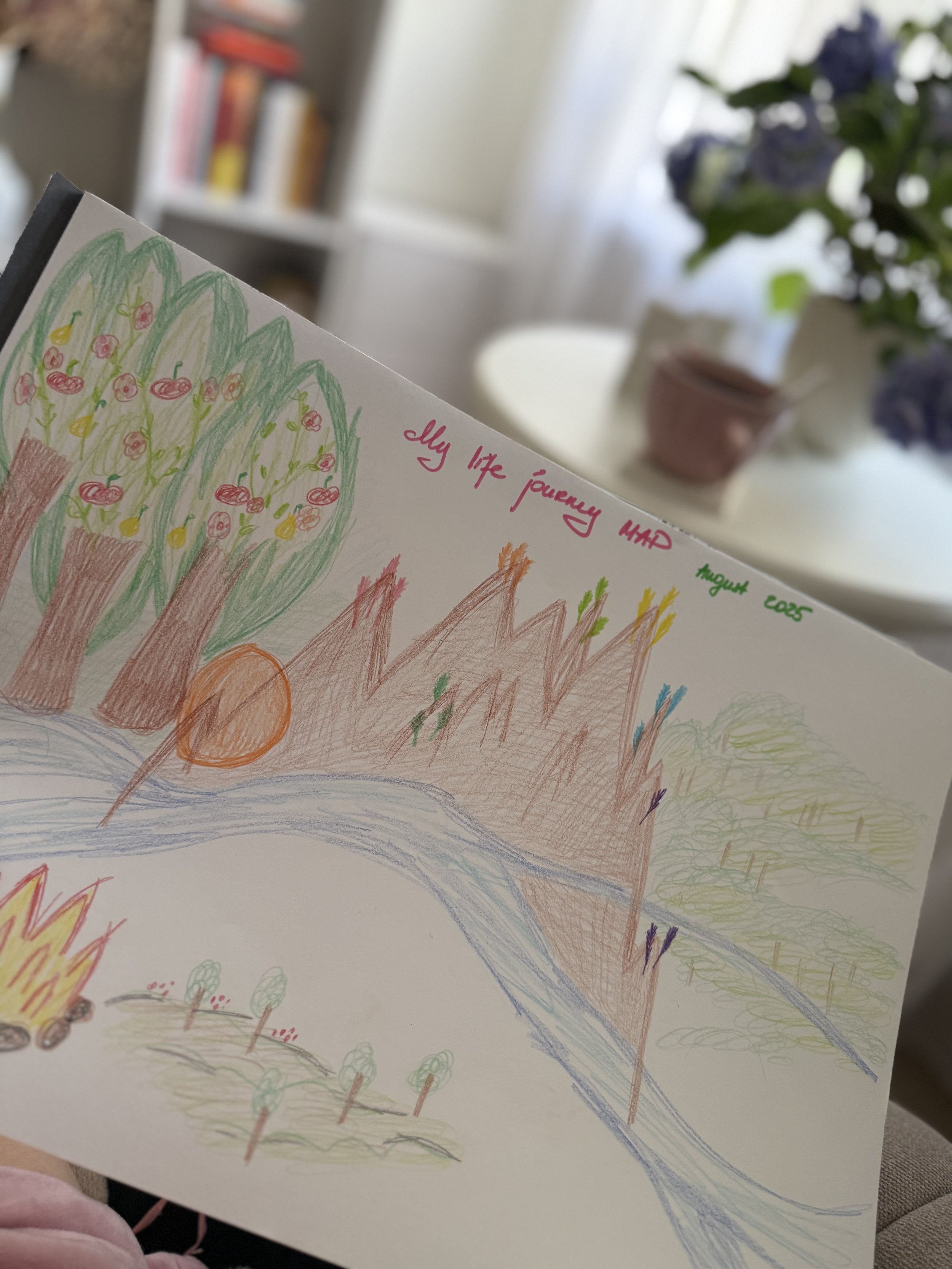 A hand-drawn picture of a landscape with trees, a river, and a campfire, titled 'My life journey' with some handwritten notes.