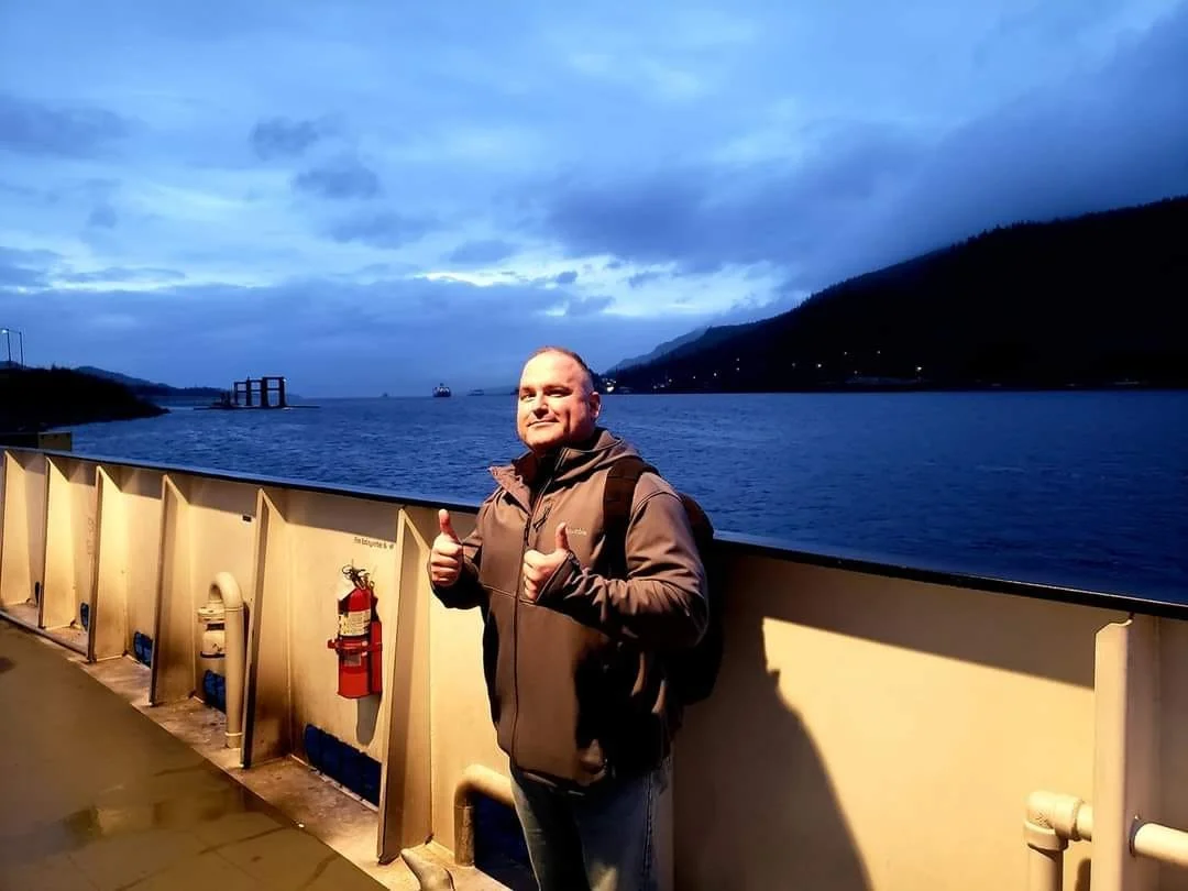 Jerin Falcon on an Alaskan ferry near Ketchikan, Alaska.