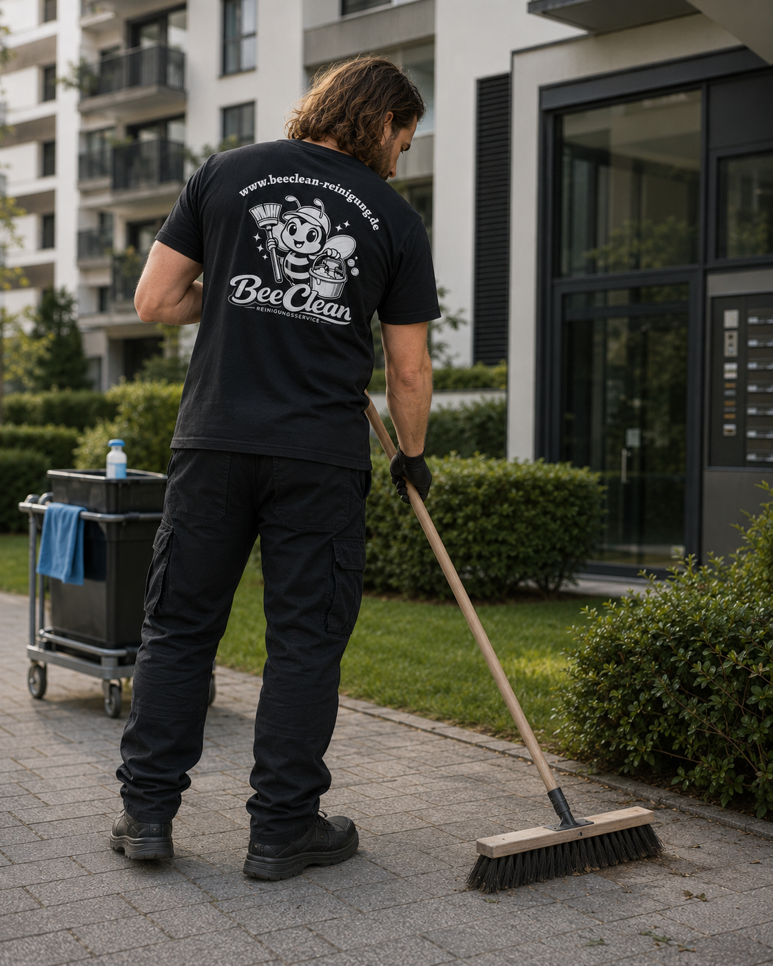 Ein Mann reinigt eine Gehwegplatte mit einer Straßenkehrbürste, draußen vor einem Mehrfamilienhaus, im Hintergrund sind Büromöglichkeiten und Grünflächen sichtbar.