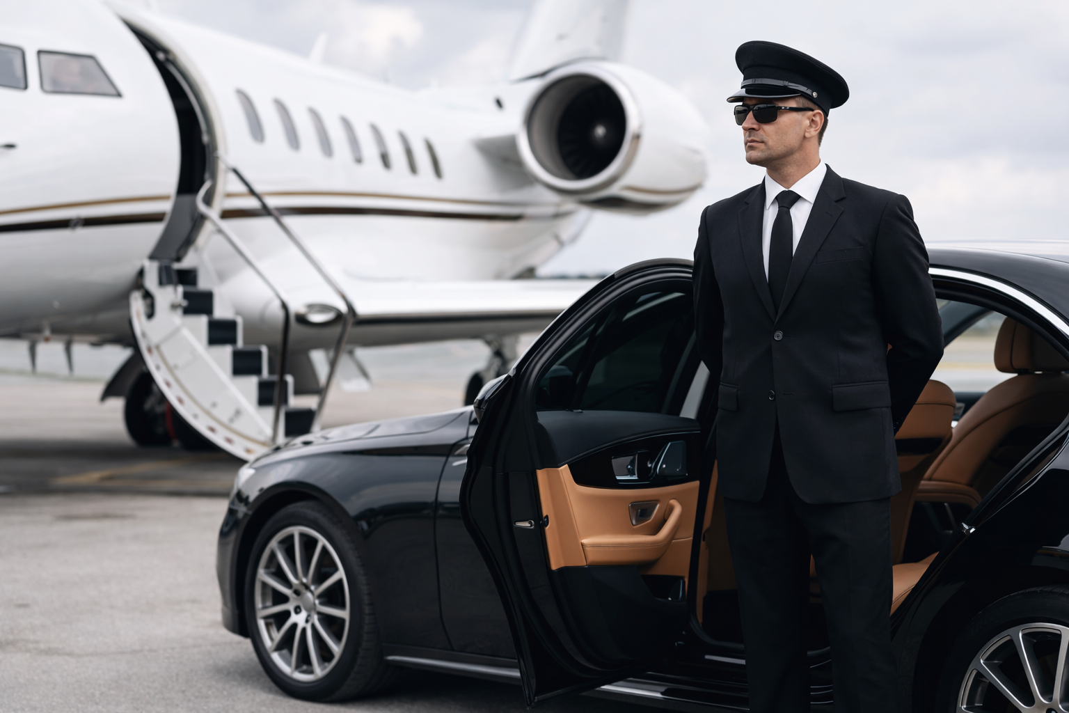 Professional chauffeur in uniform standing beside a luxury car next to a private jet, offering exclusive private driver transfer service for premium clients.
