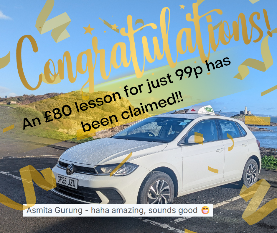 Celebratory image with gold confetti, a large congratulatory message, and a white Volkswagen car parked outdoors near a scenic coastline with grassy hills and a lighthouse in the background.