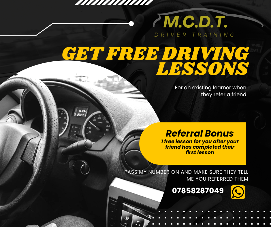 Mike Colwill Driver Training referral scheme flyer offering free driving lessons in Swansea and South Wales for referring a friend.