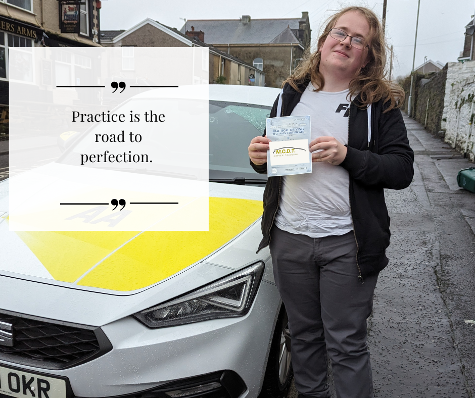 Young woman standing next to a police car holding a driver’s license, with a quote overlay that reads 'Practice is the road to perfection.'