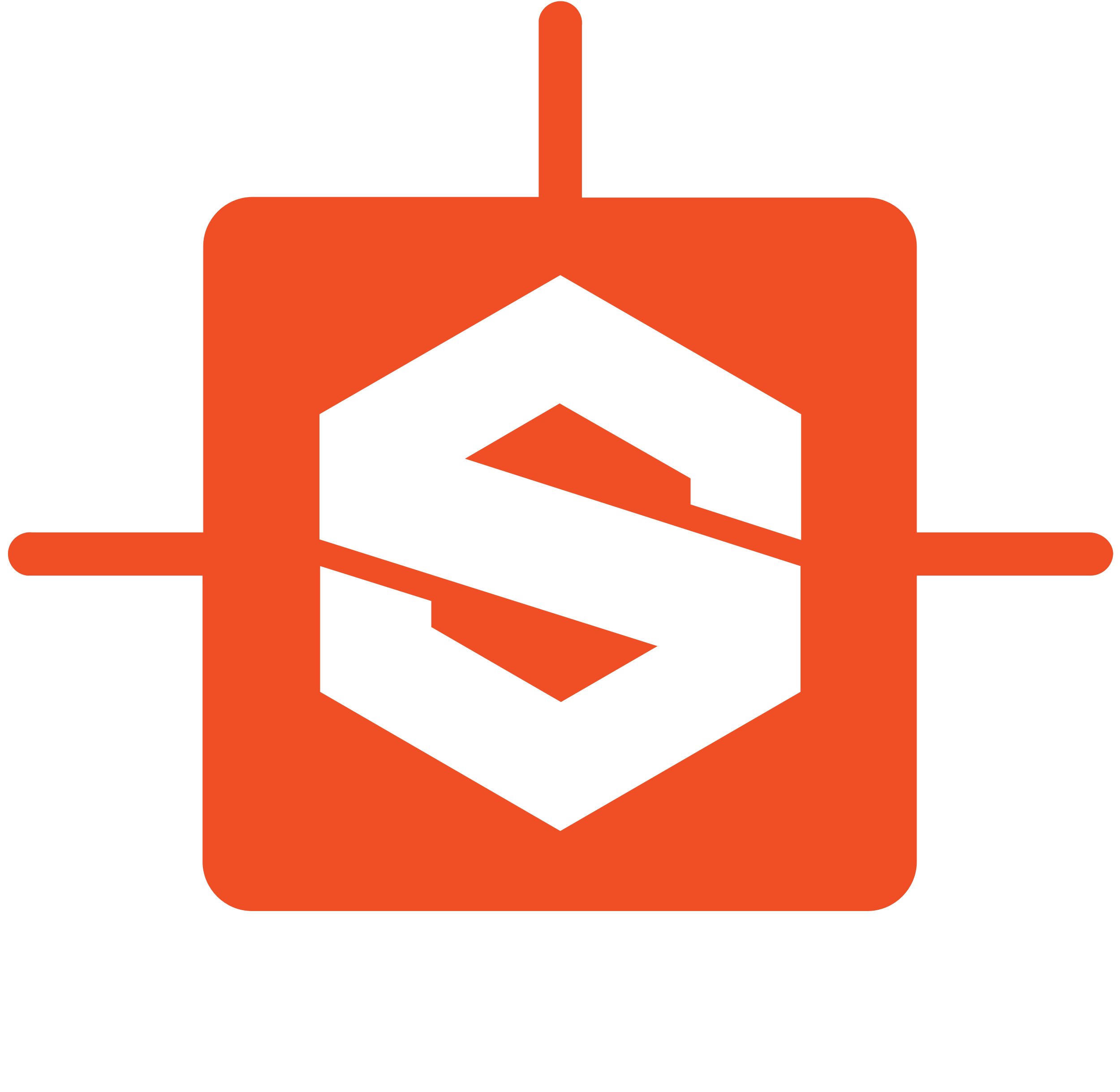 Orange and white logo with a stylized S inside a hexagon, centered within an orange square, with horizontal and vertical orange lines extending from the square's sides.