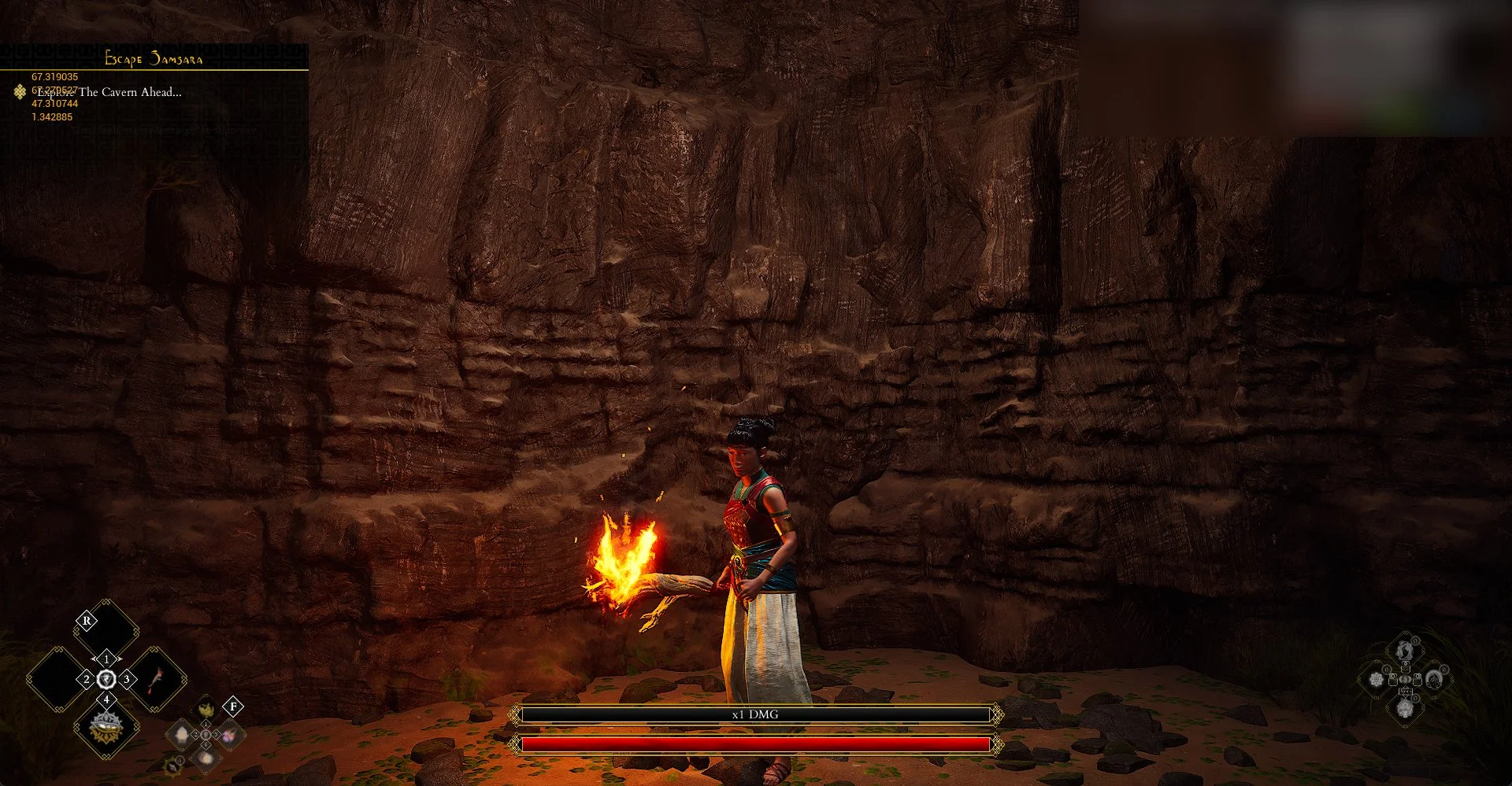 A character standing inside a cave holding a burning torch, with rocky walls behind and game interface elements at the bottom.