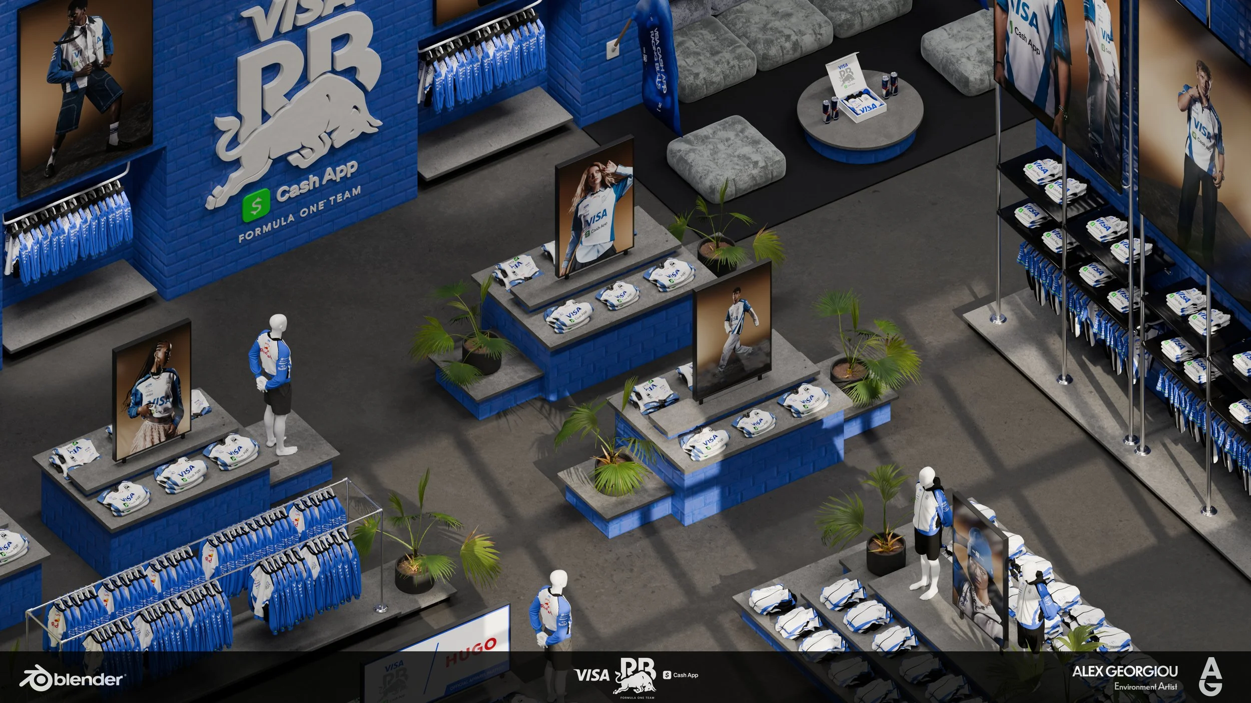 Retail store display featuring FIA Formula One Team merchandise, including clothing, t-shirts, jackets, and posters with sports branding. Mannequins and shelves showcase apparel, with promotional posters of racing drivers.