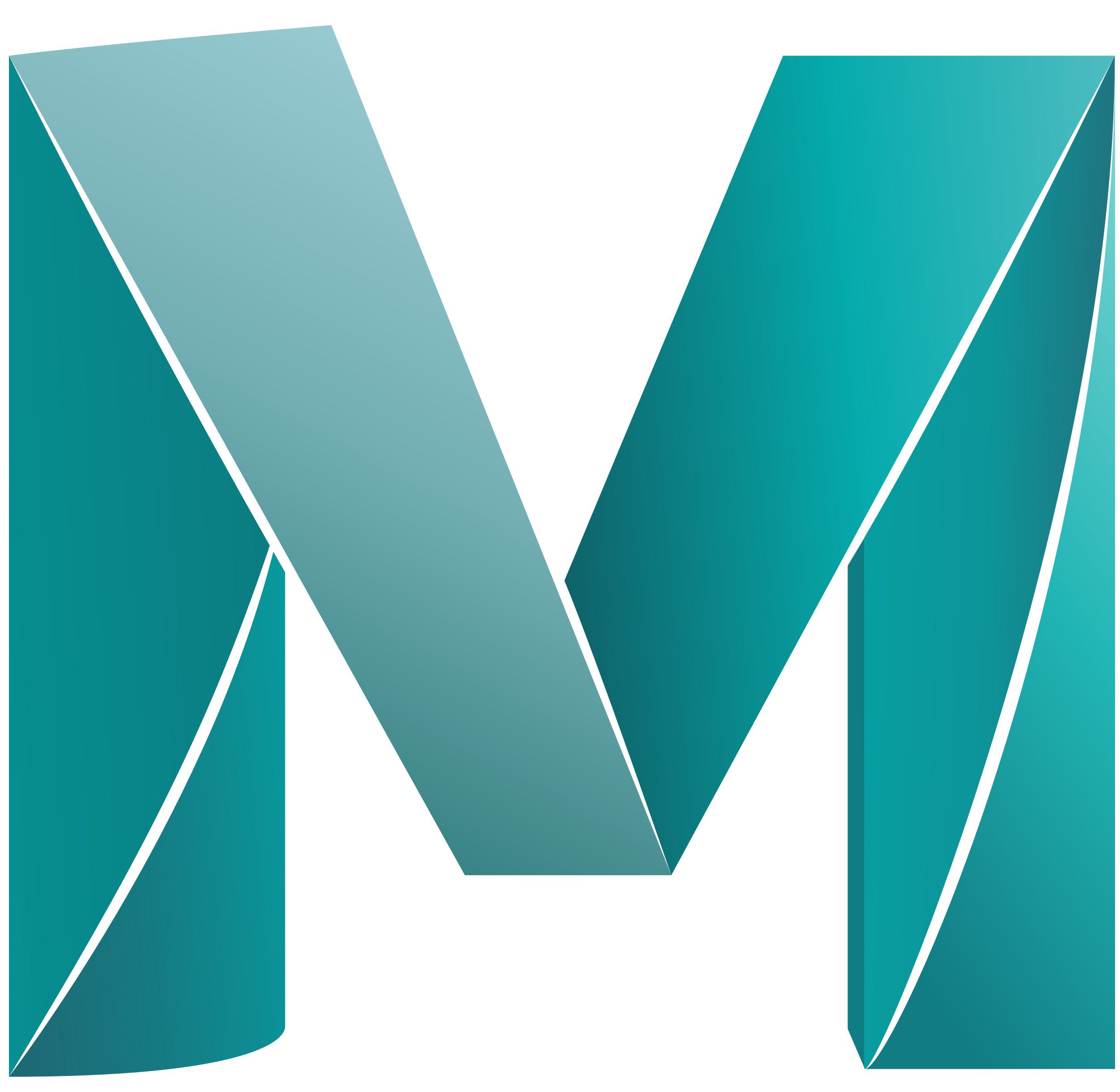 A stylized letter M made of angular, three-dimensional teal geometric shapes with white outlines.