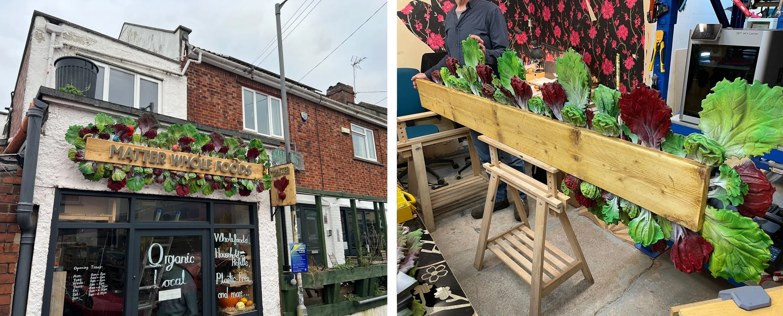 Exterior of a store named Matter Whole Foods with a decorative sign made of leafy greens on the facade. The store offers organic, local, plastic-free products. Inside, there is a display of large, colorful lettuce heads arranged in a wooden planter box.