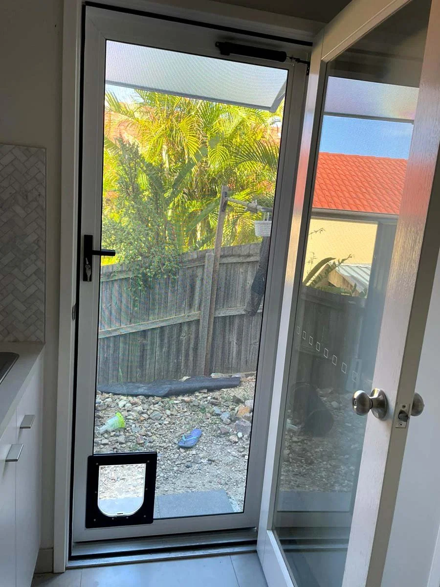 View through a back laundry door showing a backyard with a wooden fence, tropical plants. Pet mesh security screen door with pet door installation at Tugun.